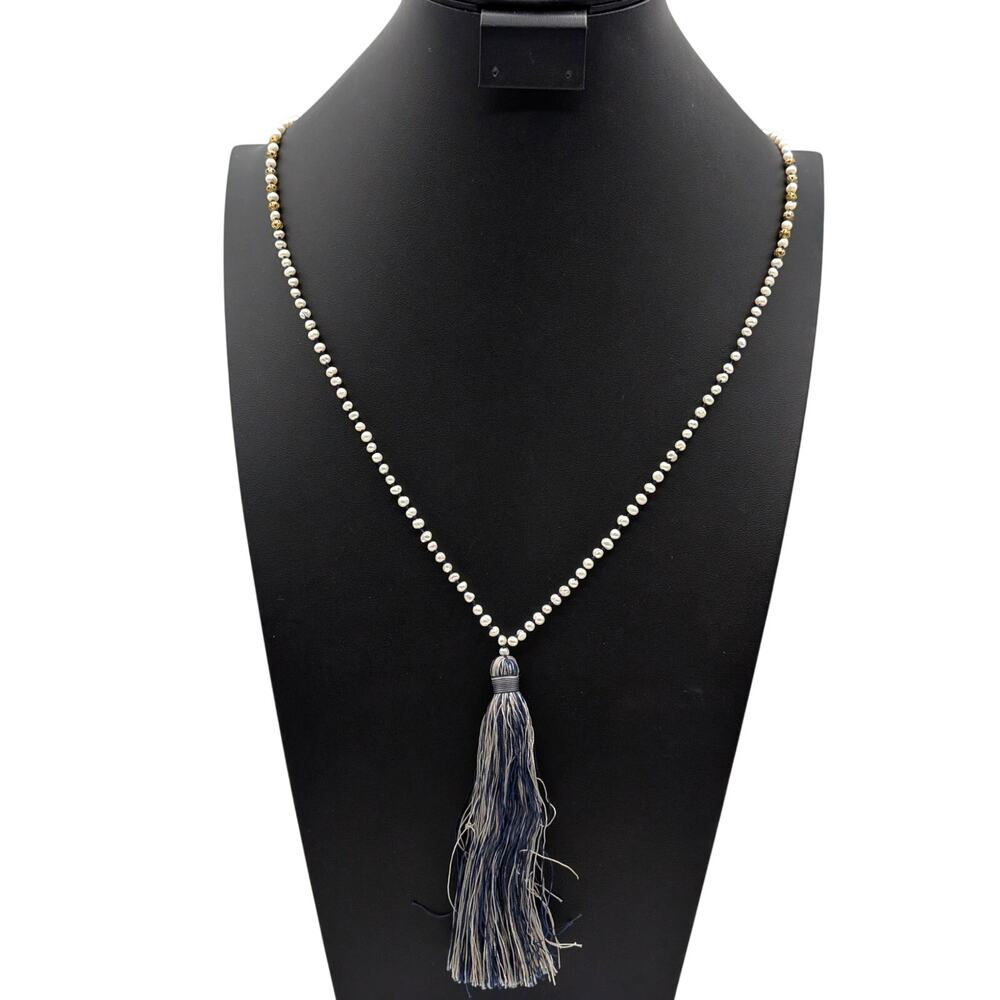 Vtg Zacasha Genuine Pearl Navy Filigree Bead Blue Silver Tassel Boho Necklace